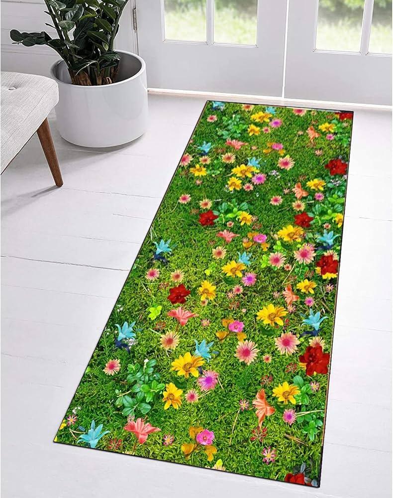 Colorful Wildflower Print Runner Rug Soft Flannel Washable Floor Mat for Kitchen Bedroom Entryway Nature Themed Home Decor