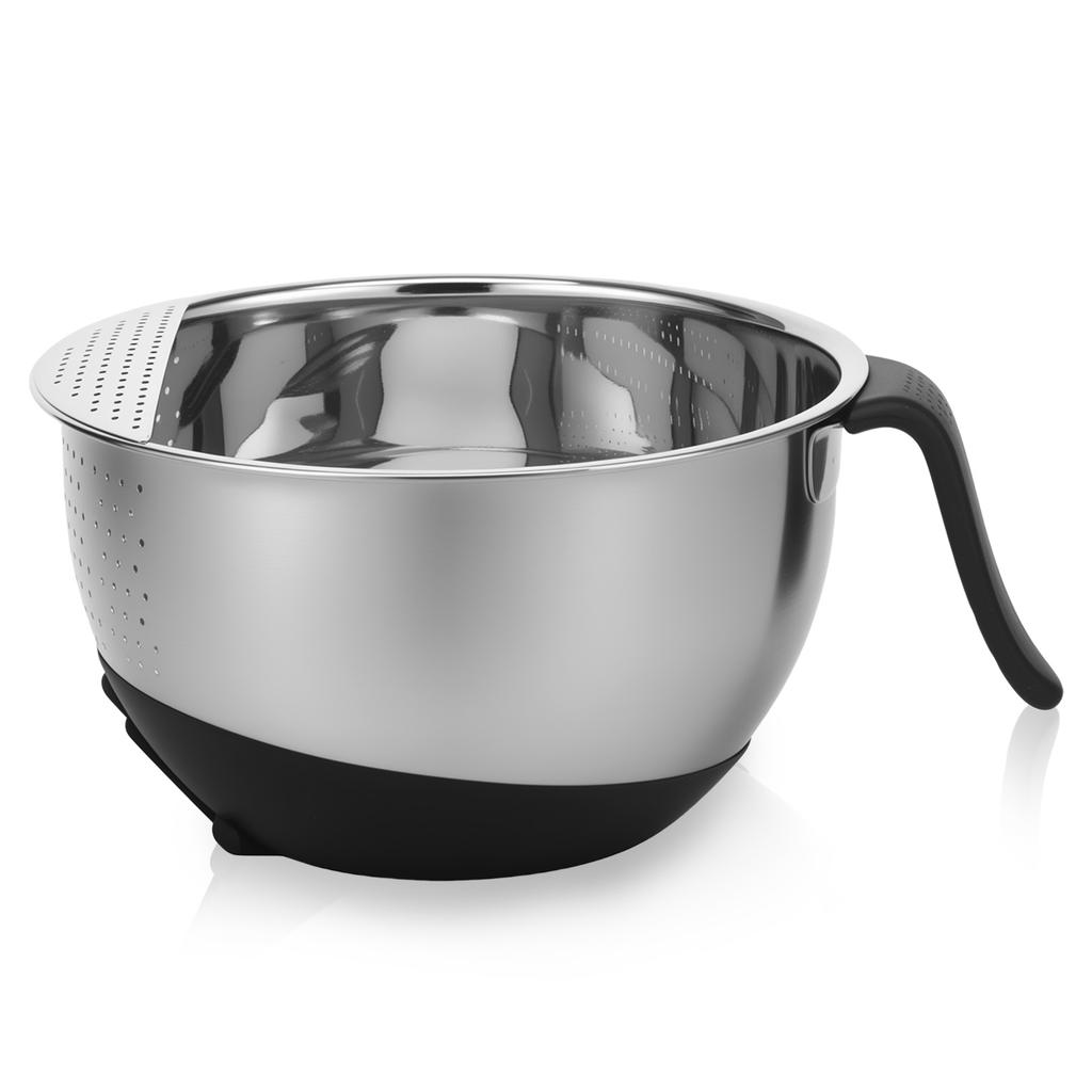 Stainless Steel Rice Washing Colander Bowl with Silicone Base and Handle Versatile Side Drainers for Cleaning Fruits Vegetables