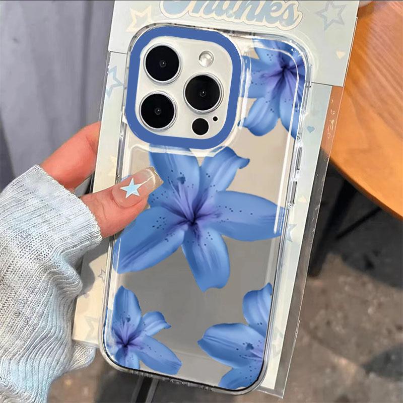 Elegant Blue Flower Lily Print Phone Case For Samsung Galaxy A36 A33 A55 A34 S25 Ultra S24 FE S23 S22 S21 Plus Soft Clear Cover