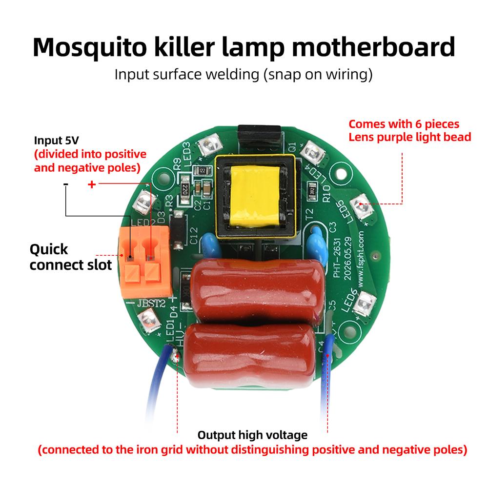 Diy Mosquito Killer Main Board With Reverse Polarity Diode Dual 4000V Capacitor Uv Led Bead Dc 3.7‑5V For Mosquito Repellent