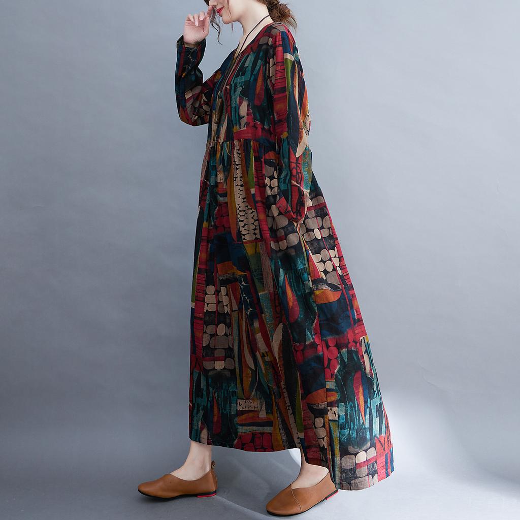 Frauen Lose Vintage Kleid Druck Taschen Langarm O-ansatz Kleid
