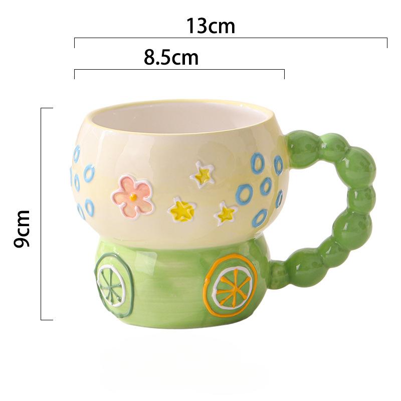 Cute and Creative Home Cup Decoration Hand-painted Relief Ceramic Breakfast Cup Large Capacity Oat Bowl Mug Cartoon Water Cup