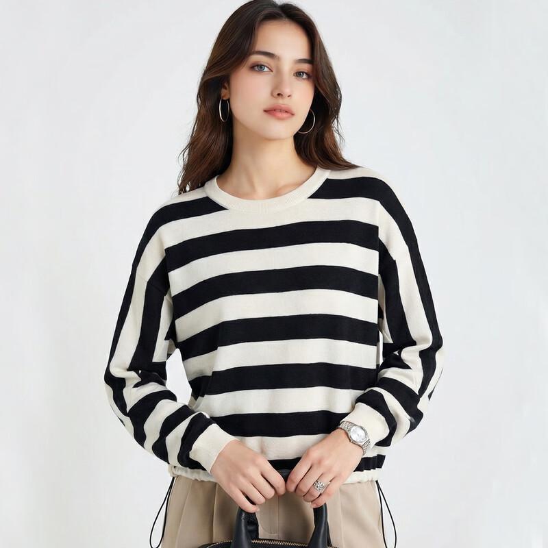Women s Striped Round Neck Wool Blend Sweater M