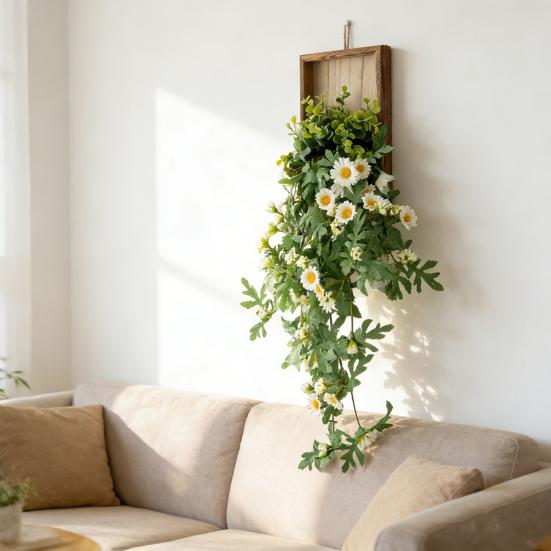 Artificial Hanging Plants with Wooden Frame Wall Hanging Faux Leaves Plants with Flowers Fake Greenery Vine for Living Room Bedroom Indoor Decor