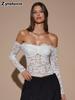 Neues Sommer Damen Weiß One-Shoulder Langarm Französisch Vintage Spitze Hemd Top