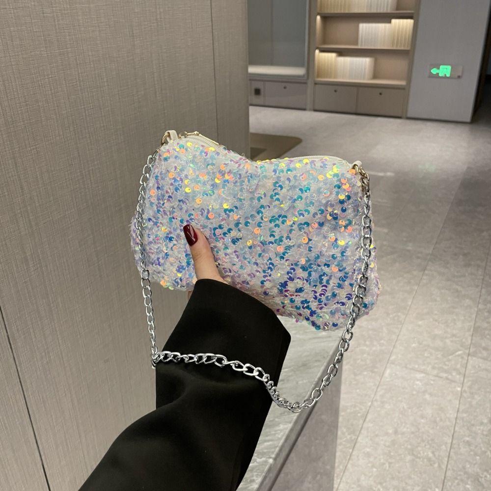 Solid Color Sequins Crossbody Bag Simple INS Chain Sequins Shoulder Bag Pocket Bag Phone Bag Small Square Bag Dinner Party