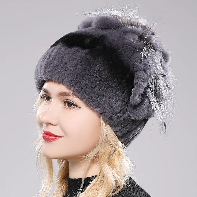 

Зимняя женская теплая меховая шапка King Rabbit Skin Fox Hat ONE SIZE серый
