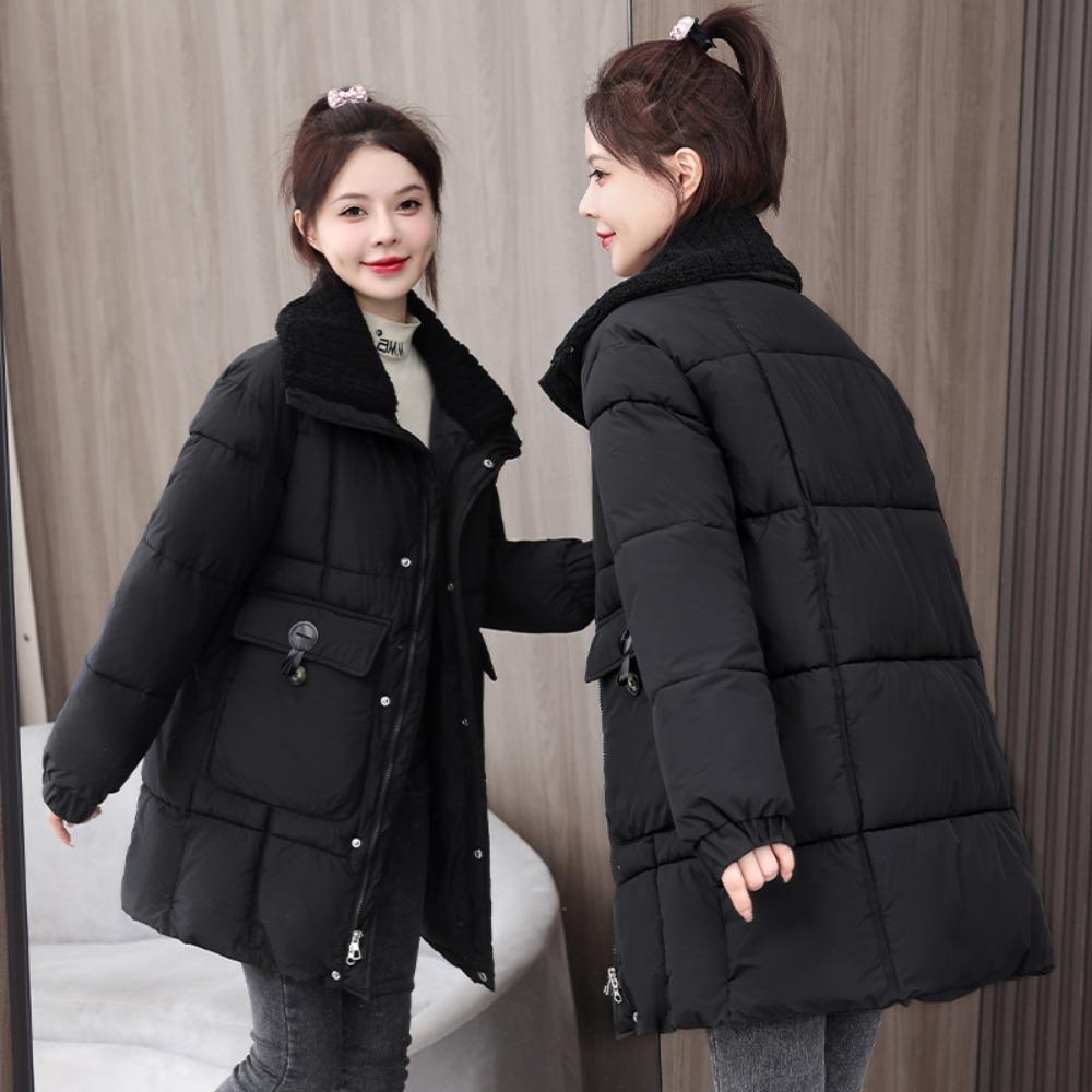 

Winter new splicing thickened medium and long down cotton clothes women s loose cold-proof jacket L чёрный
