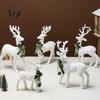 Holiday Gift Accessories with Bells White Flocked Elk Ornament, Ribbon Bell Decor 3D Standing Deer Elegant Plastic Christmas Crafts Figurine,