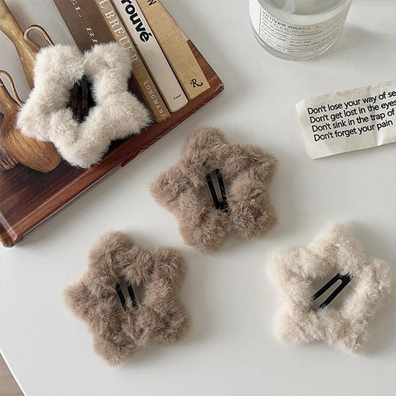 Autumn and Winter Plush Five-pointed Star Hairpins Side Bangs BB Clip Cute, Soft and Milky Sweet Girl Hollow Hairpin Tide