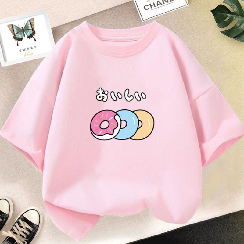 Camiseta de manga curta para meninas de 2 a 14 anos verão crianças camisetas soltas de algodão harajuku kawaii donut tops