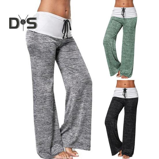 Pantaloni de yoga pentru femei, culori contrastante, cu șnur, talie elastică, picior lat, largi, moi, respirabili, pentru femei, pantaloni lungi pentru femei