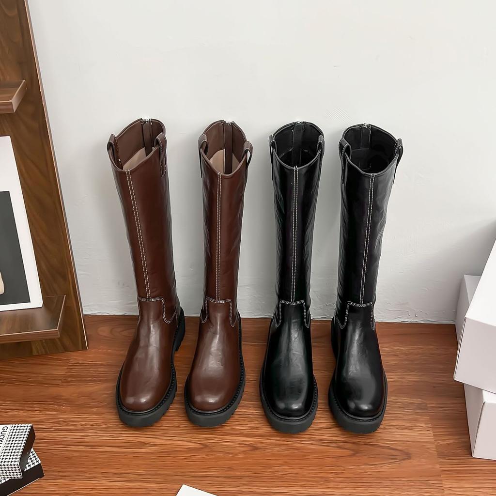 Grape Mother Winter New Long Knight Boots Women Wear High-end Thick-soled Boots Women's Pleated Women's Leather Boots