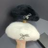 Korean Version of Versatile Bow with Rabbit Fur Backwards Beret White Women's New Winter Sweet and Cute