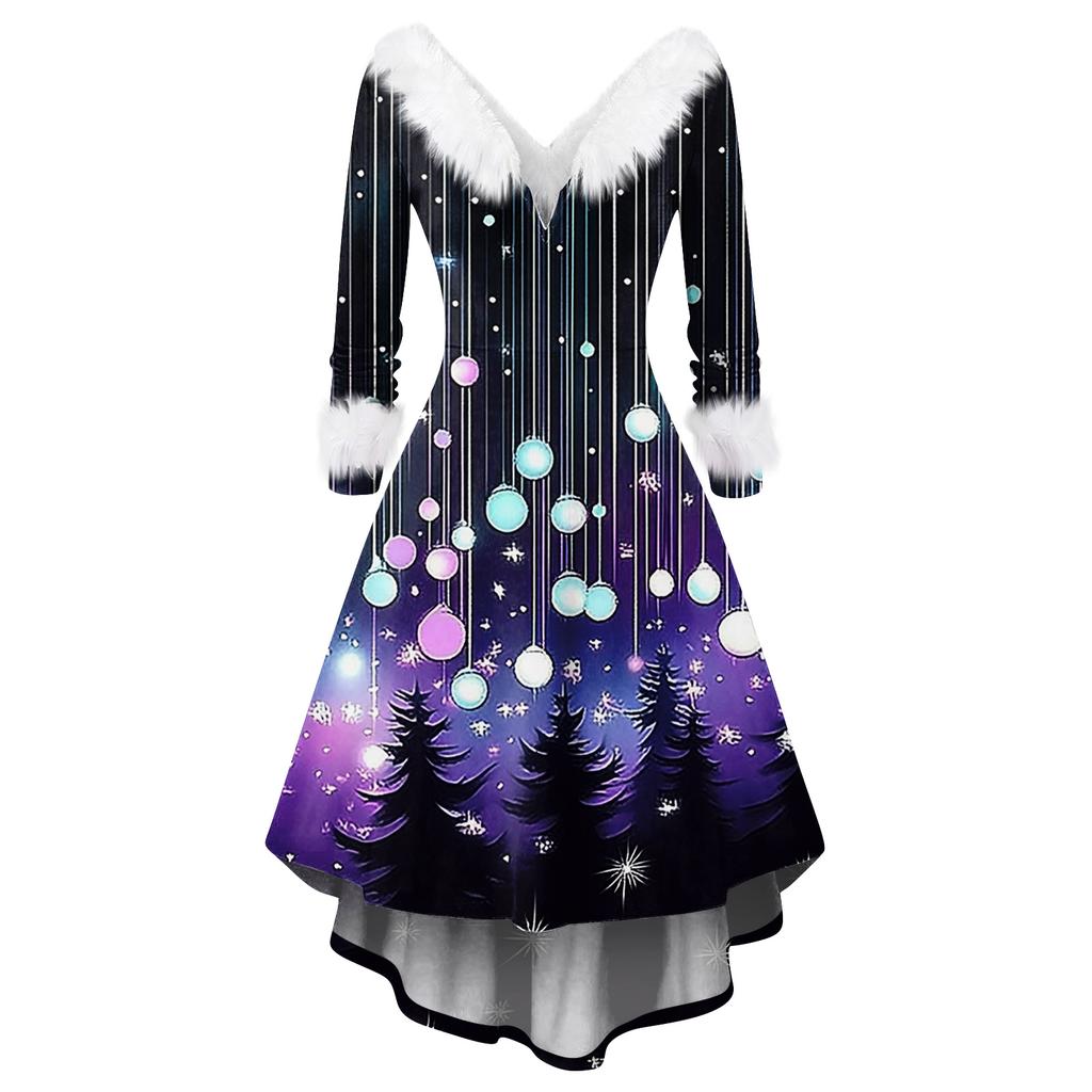 Dámské módní ležérní přiléhavé šaty s vánočním potiskem na párty s dlouhým rukávem