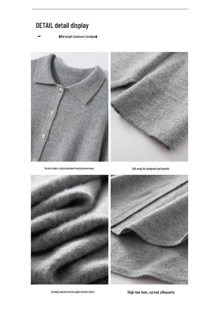 Women's Mid-Length Cashmere Cardigan Sweater - Autumn/Winter Style with POLO Collar