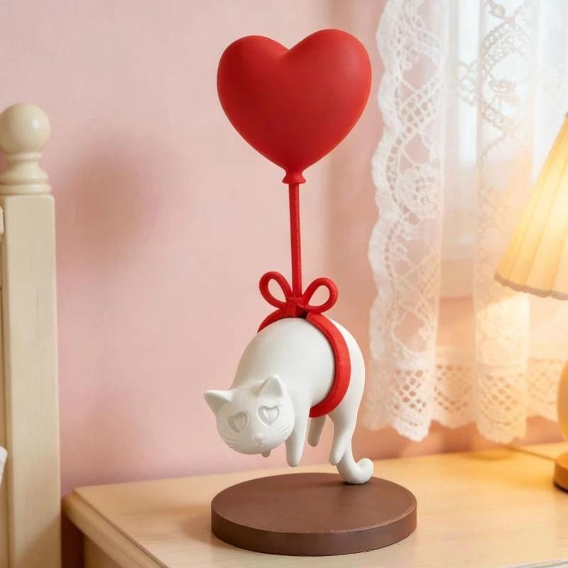 Cute Cat Figurine with Heart Balloon & Bow, Kawaii Resin Craft for Bedroom Desktop Birthday Gift for Cat Lovers