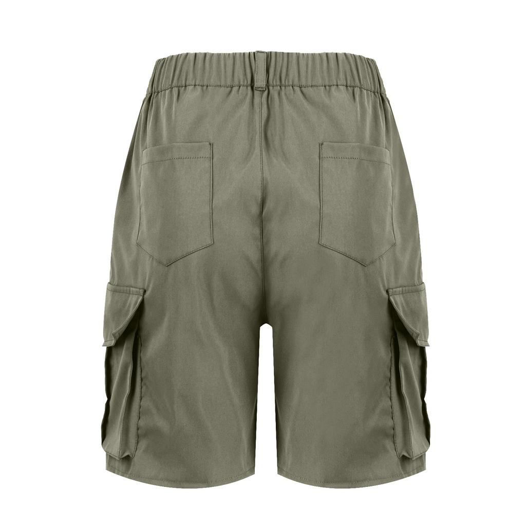 Bermuda Shorts For Women Cargo Shorts Knee Length 6 Pockets Elastic Waist Long Shorts For Summer Casual