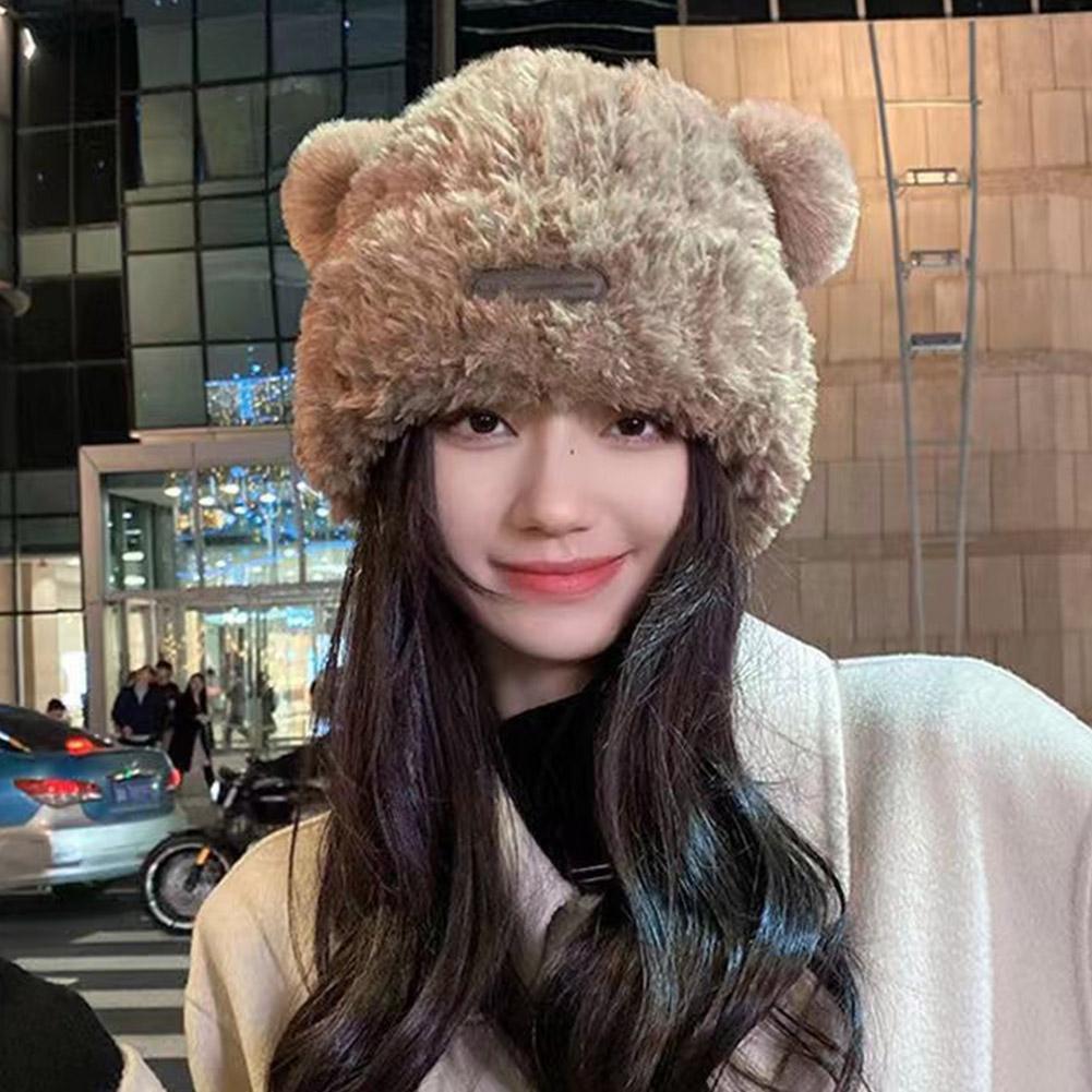 Cute Little Bear Beanie Thickened Warm Plush Hat Lovely Knitted Cap Solid Color Casual Bear Ear Hat Winter Fashion Accessories