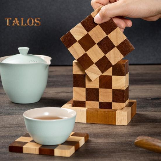 6 Pièces Dessous de Verre en Bois Absorbants Protecteurs avec Support Plateau à Thé Ensemble de Dessous de Verre Damier pour Protection de Table