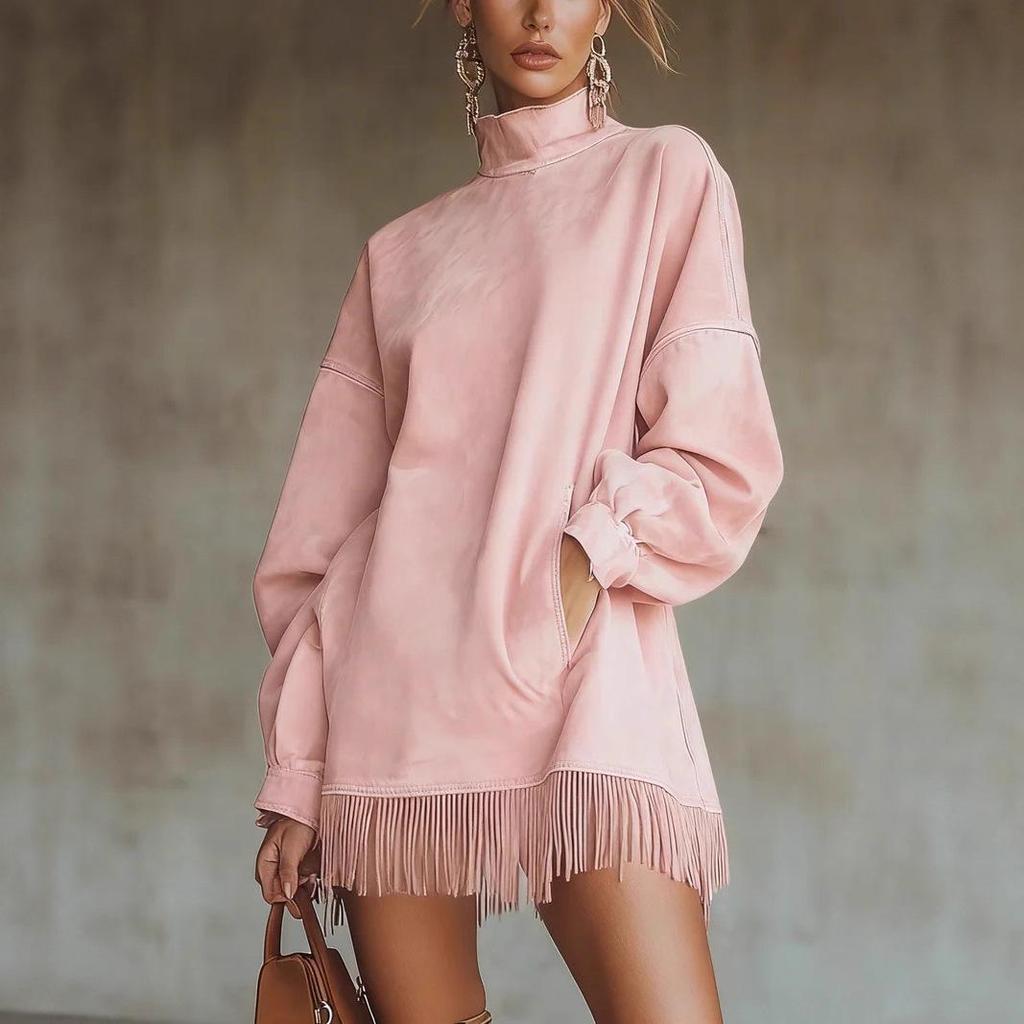 European & American Retro High Collar Suede Tassel Dress with Pockets