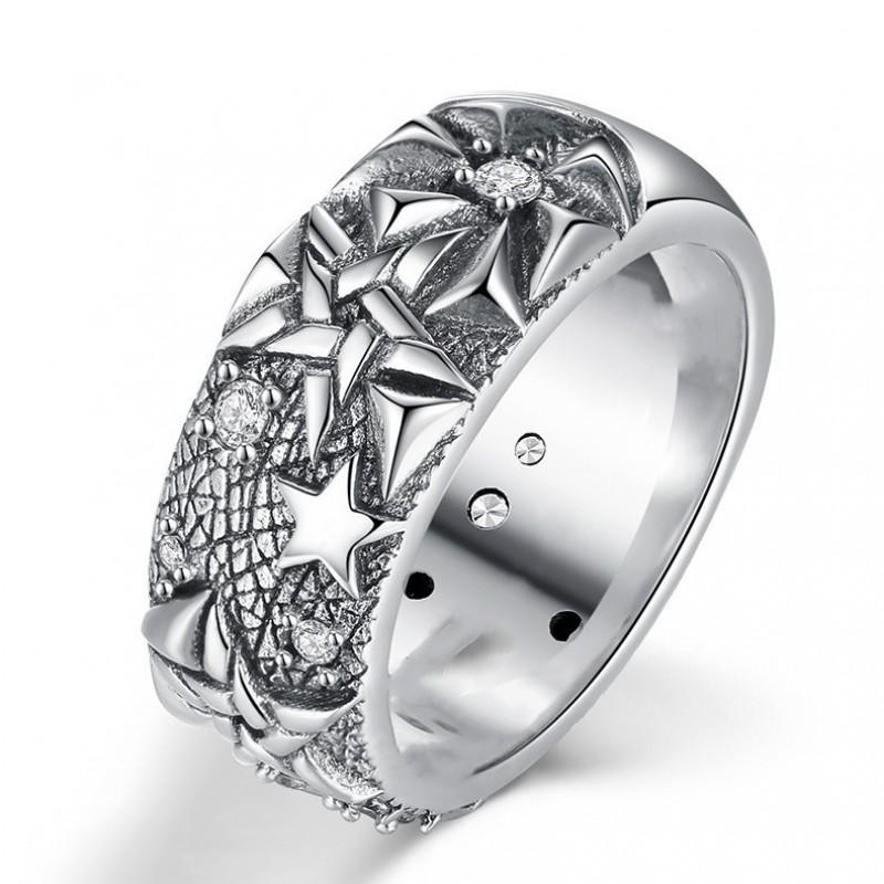 Adjustable Sterling Geometric Star Ring Men Women Hand-Set Crystal Accent Vintage Chic Finger Band