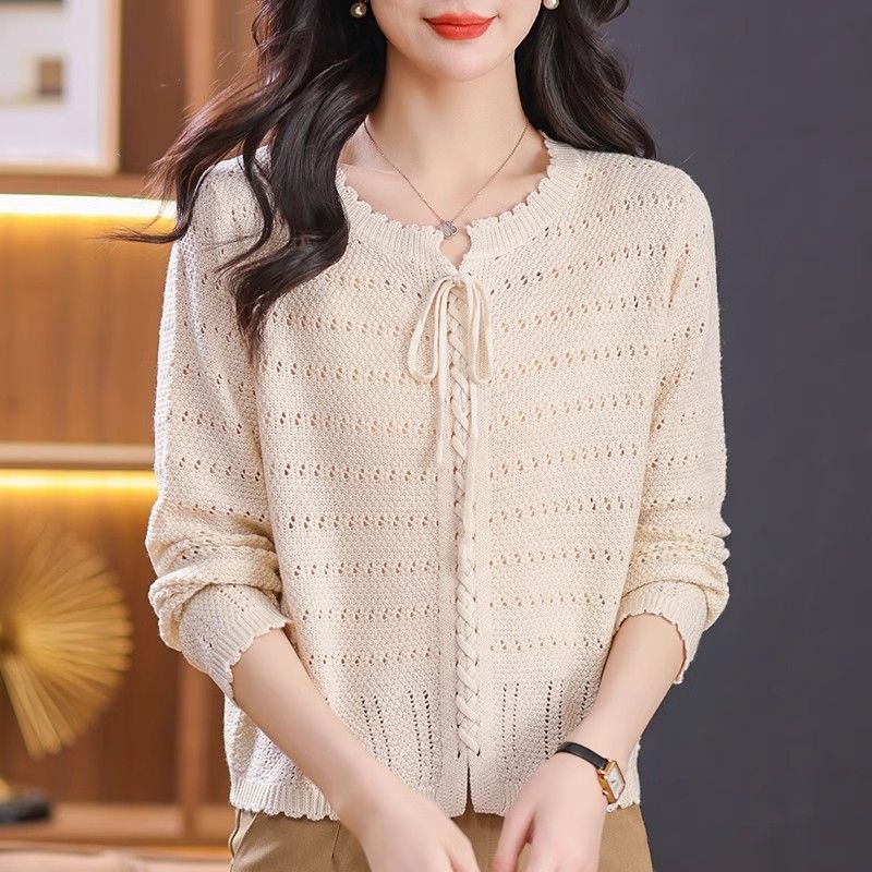 Round Neck Knitted Sweater for Women Solid Color Design Sun Protection Jacket New Lace Up Design