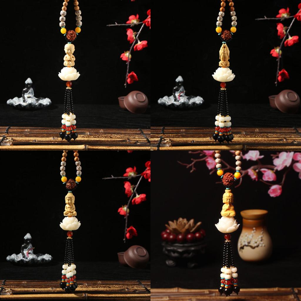 Style Car Hanging Ornament With White Lotus And Deity Symbols In Yellow Boxwood For Gift