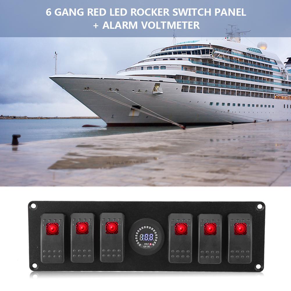 6 Gang Red LED Rocker Switch Panel with Alarm Voltmeter for Car RV Boat Yacht Marine 12V