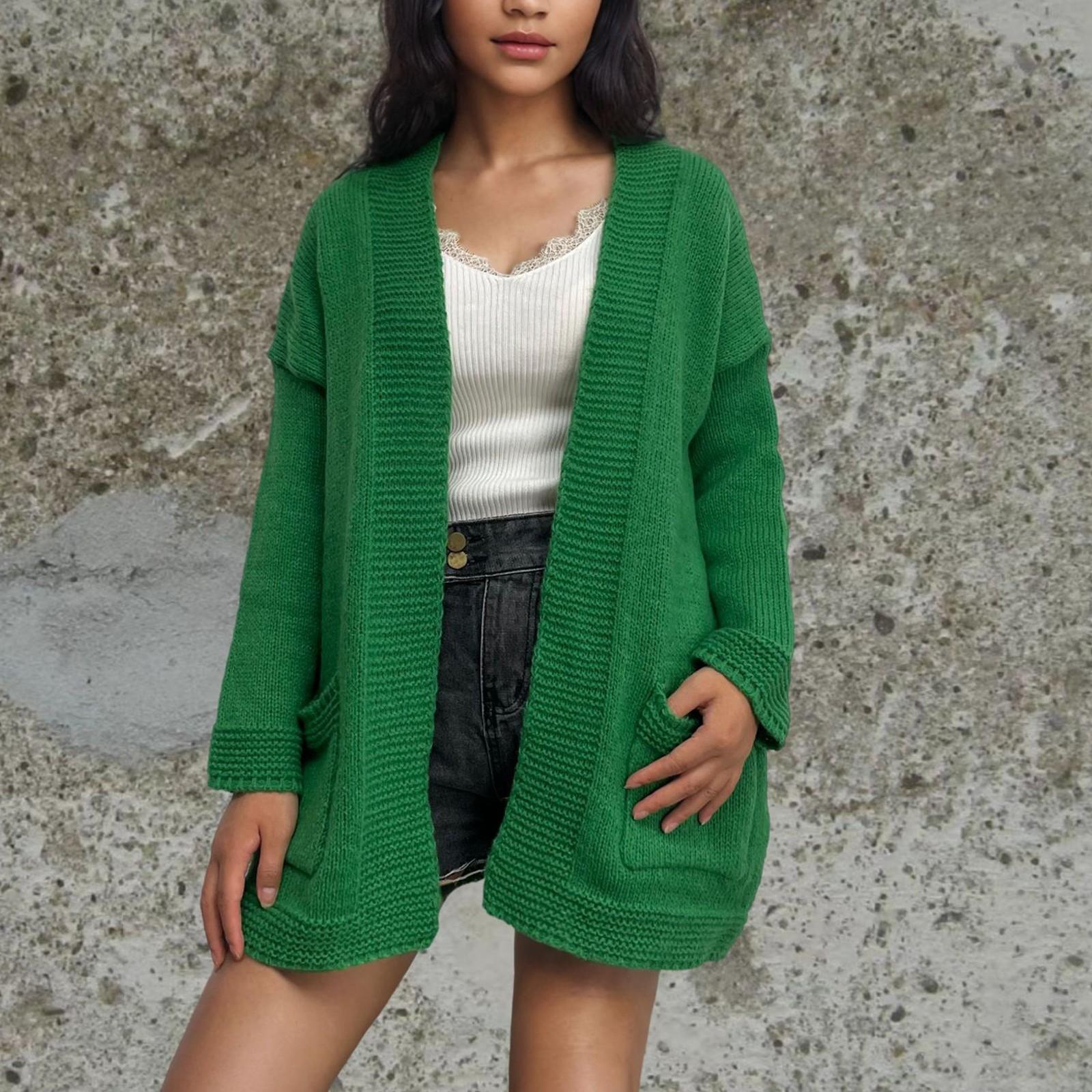 

Женская мода вязаный карманный кардиган свитер со свободным пальто S зелёный
