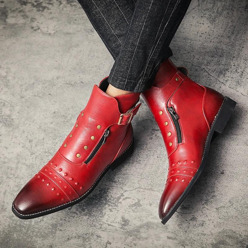 Britischer Stil Luxus Herrenkleiderstiefel Oxfords Schuhe Designer Motorradstiefel für Herren Rotbraunes Leder Cowboy Stiefel Herren Hombre