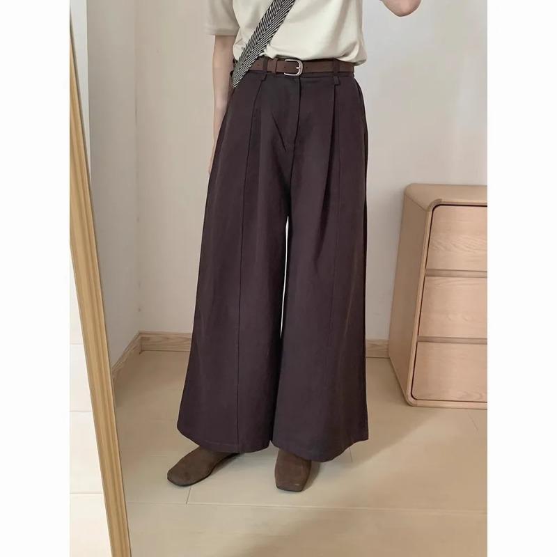 Women High Waist Pleated Wide Leg Pants Casual Loose Trousers S коричневый