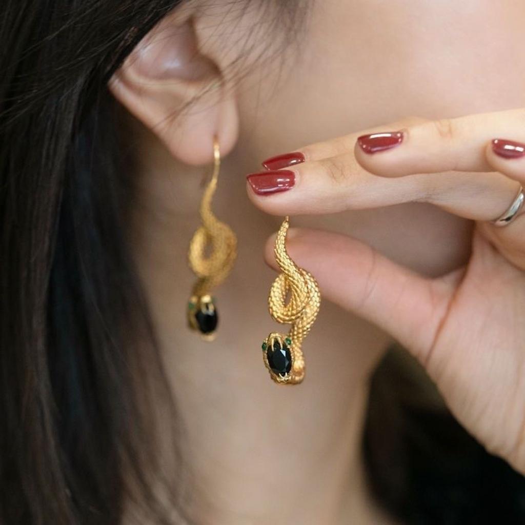 Fashionable Snake Drop Earrings Black Obsidian Serpents Dangle Ear Rings Stylish Ear Studs Jewelry for Daily Wear