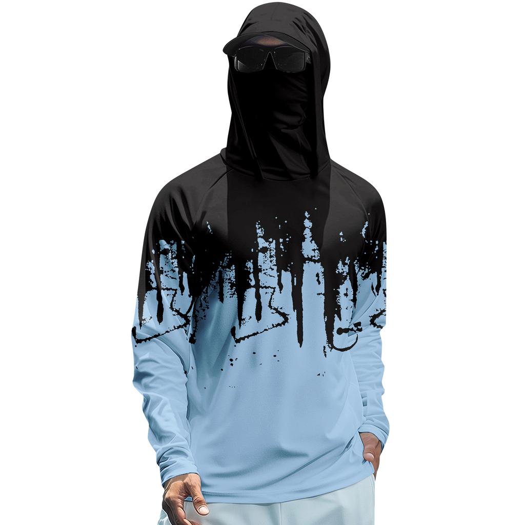 Men’s Summer Long Sleeve Hooded T Shirt Quick Dry Print Lightweight Sun Sports Fishing Gym Top