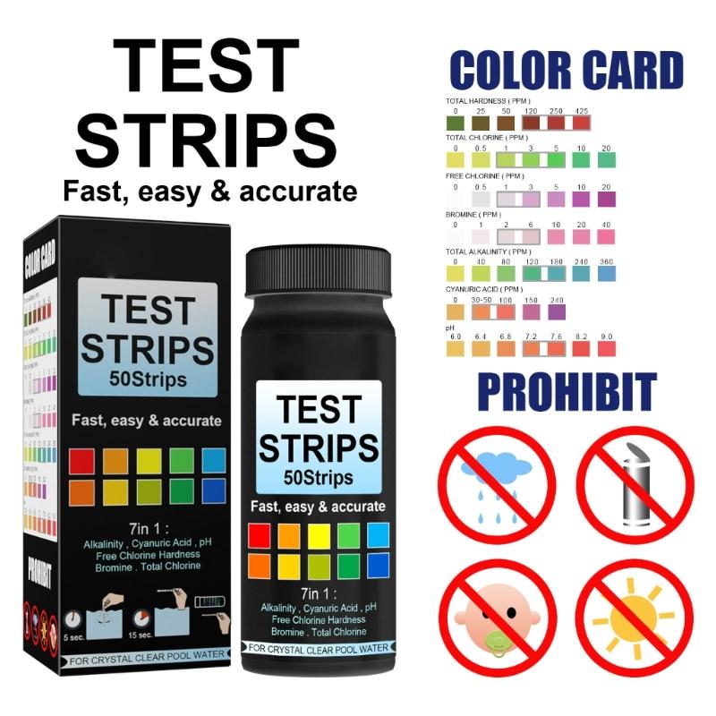 7 In 1 Pool Water Test Strips For Chlorine Hardness Cyanuric Acid With 50 Strips Quick Accurate Result For Swim Pool