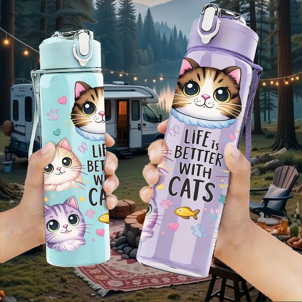 1PC Three Cute Kitten Cat Print 750ml Color Plastic Sports Water Bottle Leakproof Flip Straw Lid Suitable for Sports Office Home Use