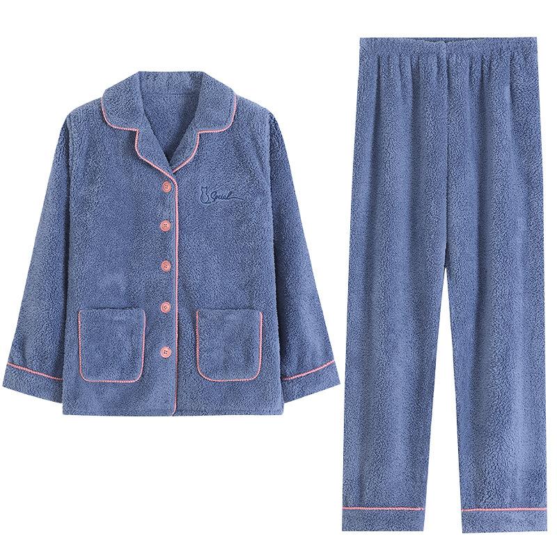 Pajamas Women'S Winter Coral Fleece Thickened Fleece Simple Autumn And Winter Homewear Large Size Flannel Warm Set