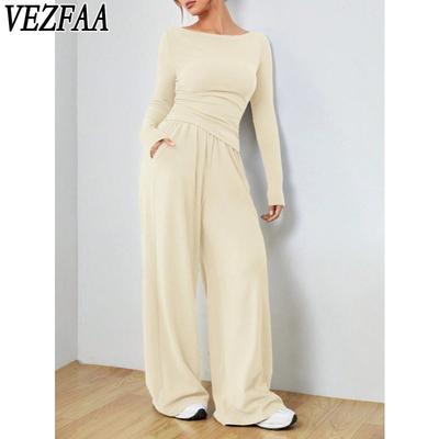 Women's Fashion Casual Spring Autumn Solid Color Print Long Sleeve O-Neck Trousers Pants Suits