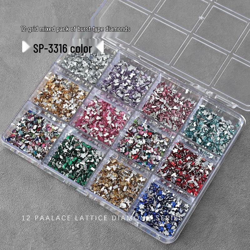 Nail Art Irregular Resin & Colored Rhinestones Set - Flatback, 12 Grids of Mixed Clear Diamonds