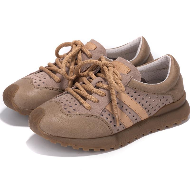 The first layer of cowhide men's shoes summer hollow hole shoes lace-up casual sports shoes men's retro moral training shoes