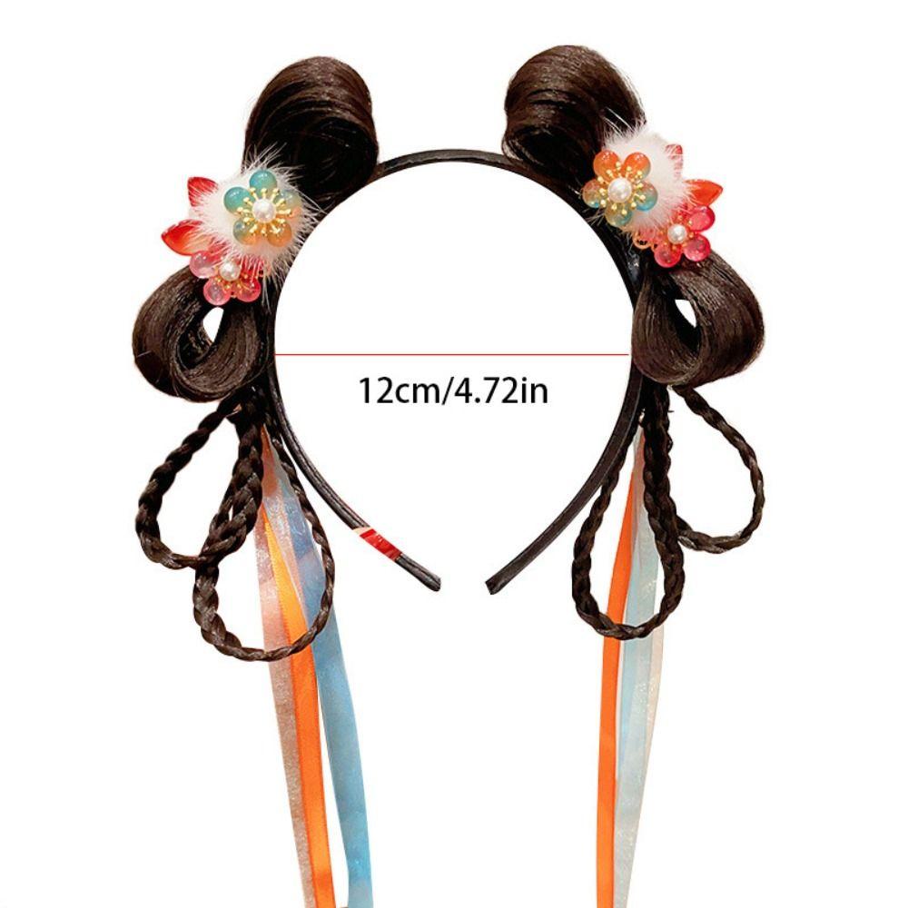 All-match Flower Children Wig Headband Tassel Braid Hair Hanfu Hair Sticks Plush Ancient Style Red Bow Hairband Girls