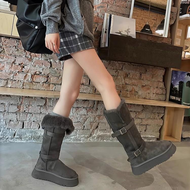 Cowhide~ 2025 winter wool integrated gray snow boots women's thick-soled heightened velvet thickened long-tube snow cotton shoes