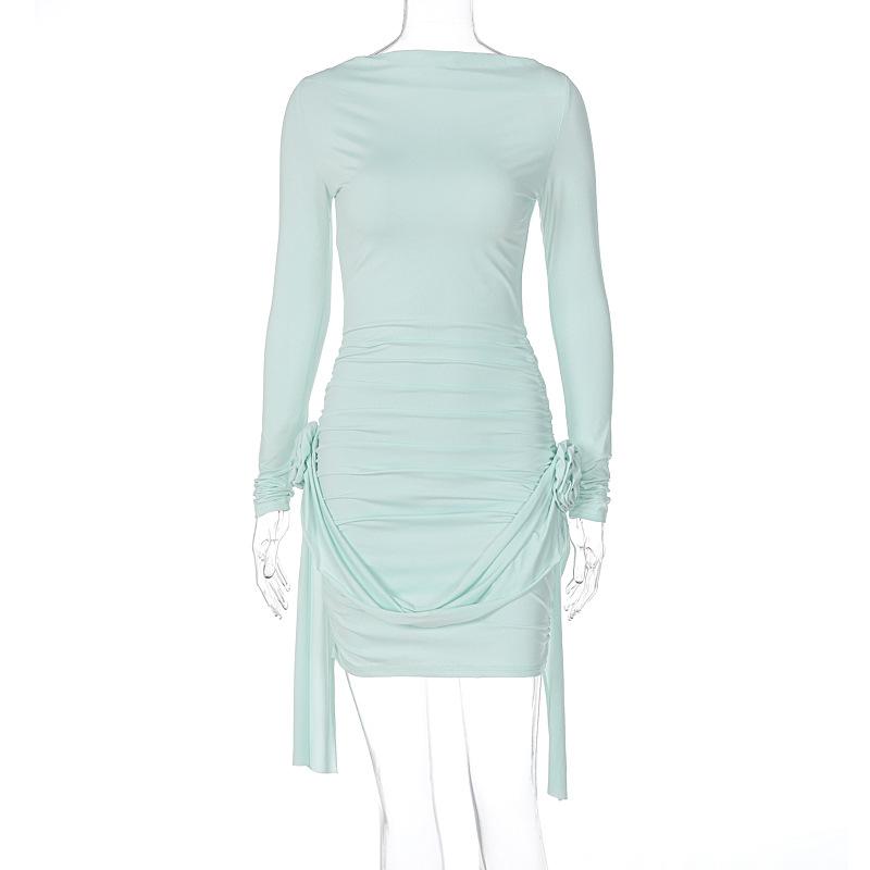 Solid Color Long Sleeve Round Neck Slim Splicing Flutter Flower Dress