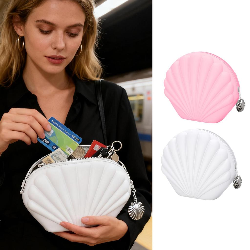 Travel Makeup Bag Shell Design Zipper Closure Organizer Extra-Wide Opening Silicone Cosmetic Bag For Women Girls Jewelry Cards