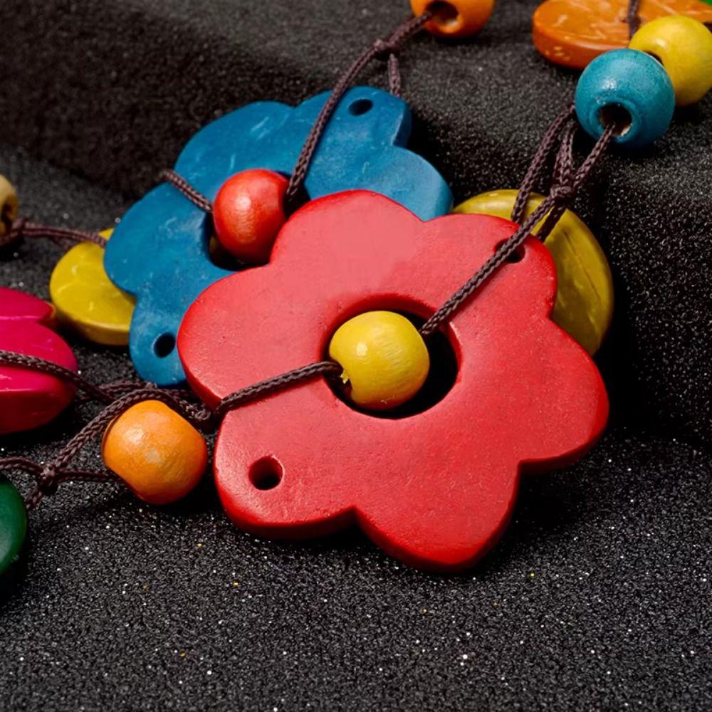 Wood Tassel Colorful Petal Bead Necklace Multi Layer Choker Flower Necklace Women