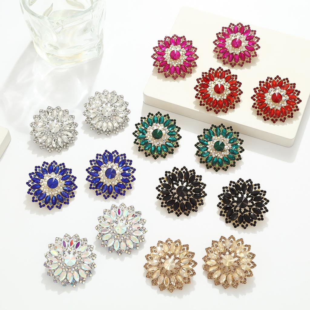 Luxury Full Rhinestone Flower Earrings For Women Exaggerated Fashionable Atmospheric Studs Temperament Versatile Commute Jewelry