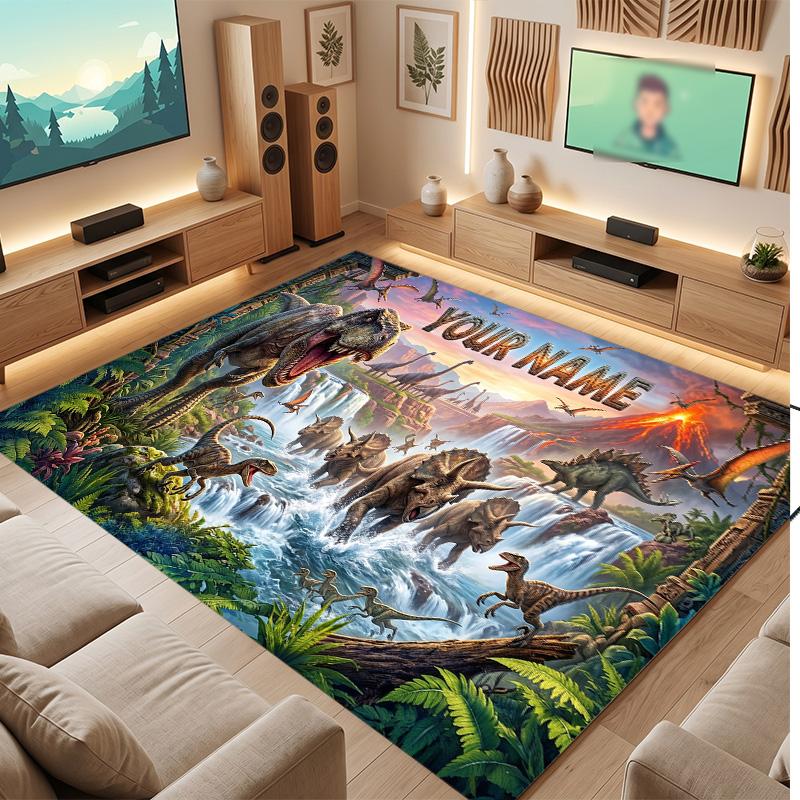 Dinosaur Theme Soft Crystal Velvet Rug Custom Name & Text Print Non Slip Floor Rug for Bedroom Living Room