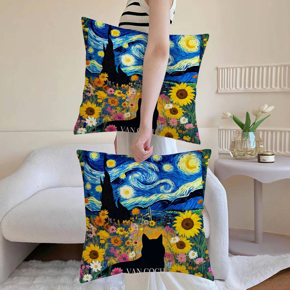 The Cute Cat In Van Gogh's Pillowcase, Soft and Comfortable, Sofa Cushion Cover, Suitable for All Kinds of Rooms and Places