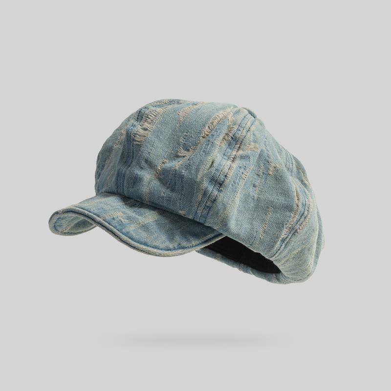 Korean Style Women's Denim Beret - Vintage Washed Octagonal Cap, Spring/Autumn Casual Hole Dressed Cloud Hat Female Trendy Retro