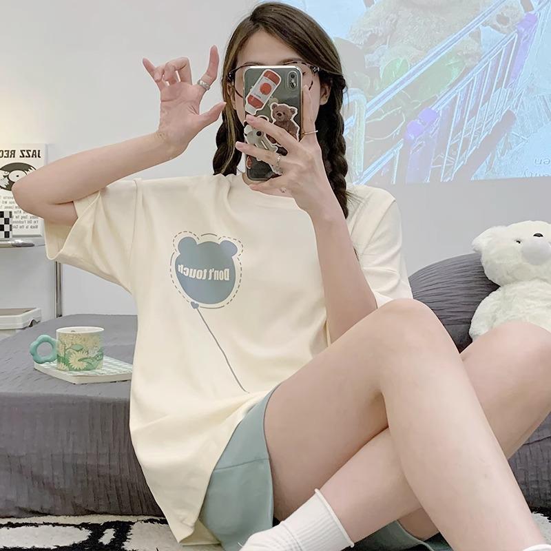 Summer comfortable crew neck pajamas for women, striped cartoon short-sleeve three-piece loungewear, in stock, direct order